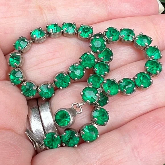 VINTAGE ART DECO STERLING SILVER EMERALD GREEN RHINESTONES TENNIS BRACELET